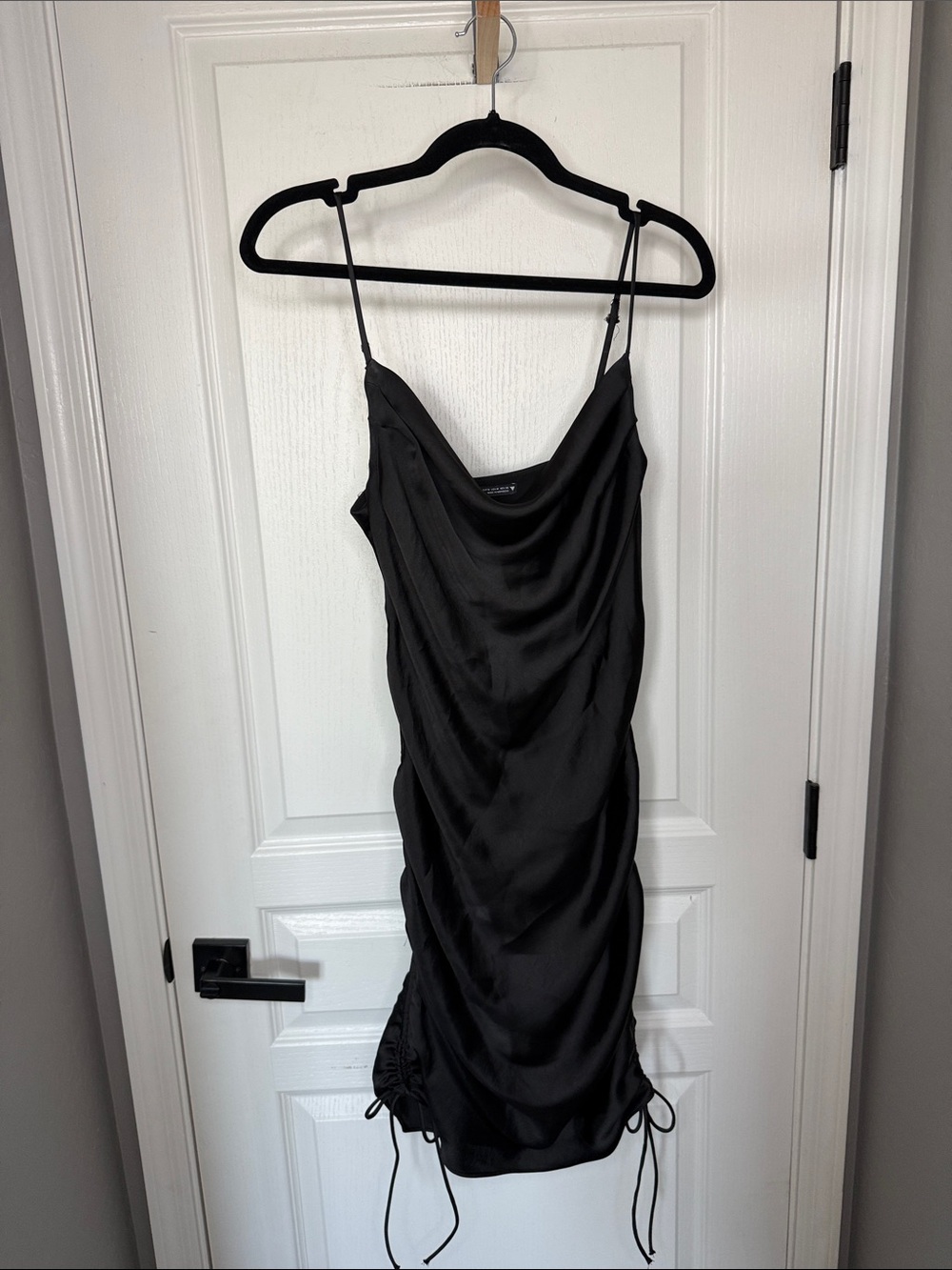 Zara Black Satin Cowl Mini Dress with Adjustable Side Ruching